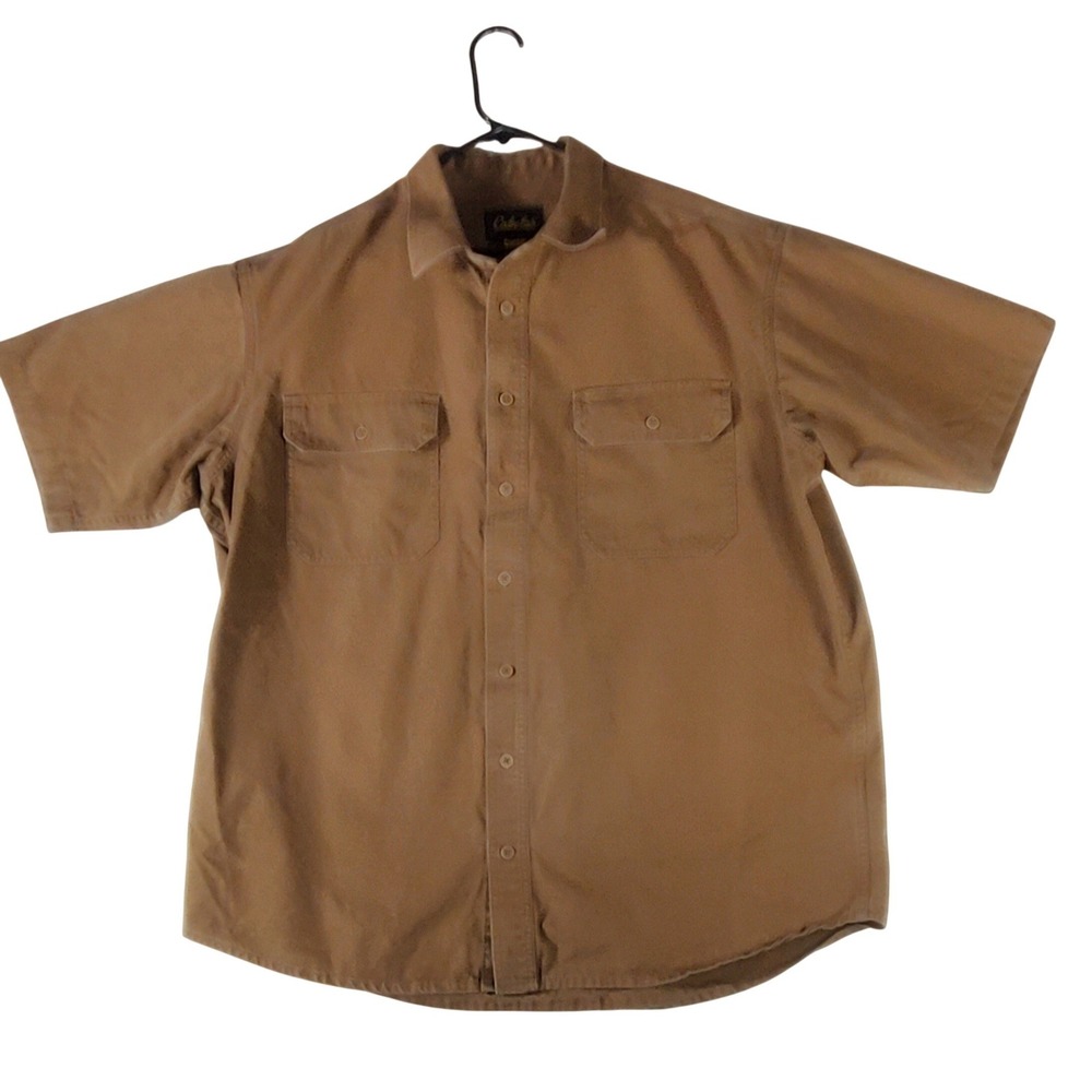 Cabelas Mens XL Tall Tan Cotton Canvas Short Sleeve Work Shirt Button Down - Picture 2 of 7